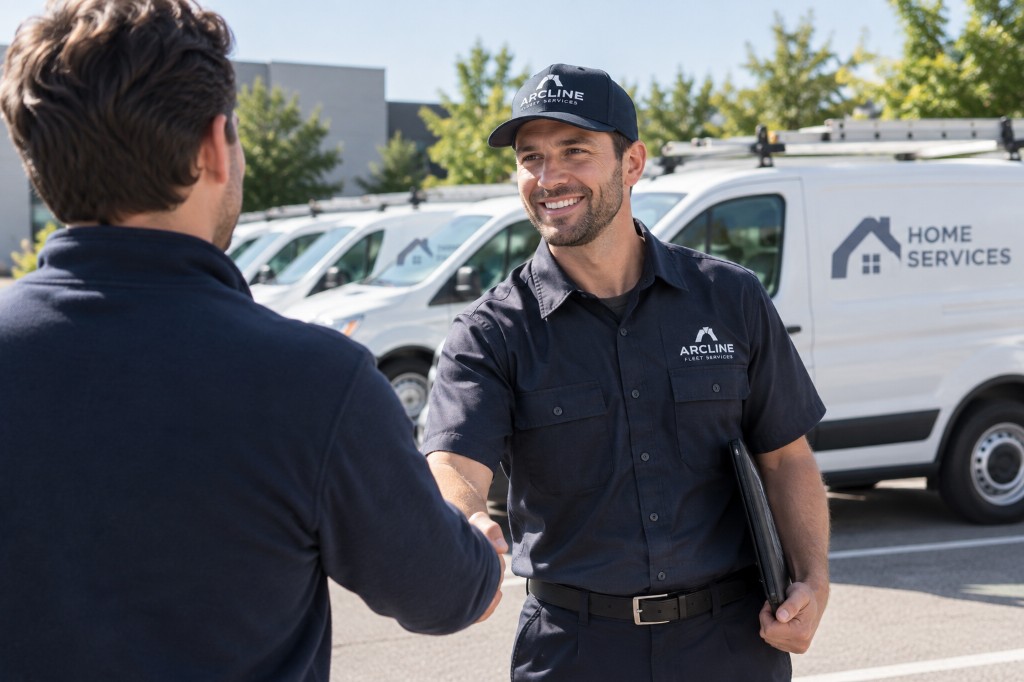 Arcline technician greeting a fleet manager in front of clean commercial vans