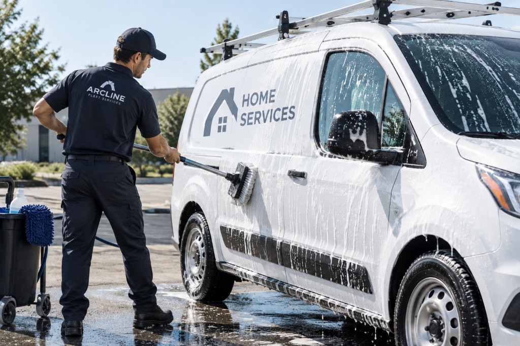 Arcline technician washing a fleet cargo van on-site with low-water cleaning methods